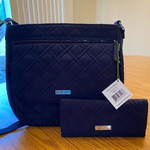 Vera Bradley Microfiber Double Zip Mailbag Crossbody Purse with matching wallet